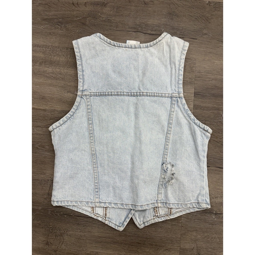 Vintage 90s Women's Denim Vest Western Biker Bartender Made in USA Distressed - Picture 2 of 8